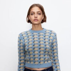 Zara Blue and Cream Patterned Crew Neck Sweater